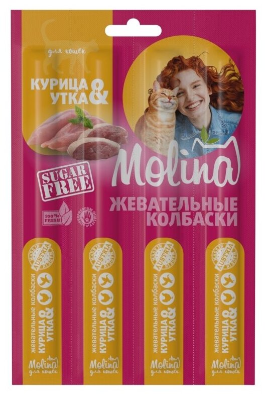 Molina Жевательные колбаски д/кошек Курица и утка, 20г