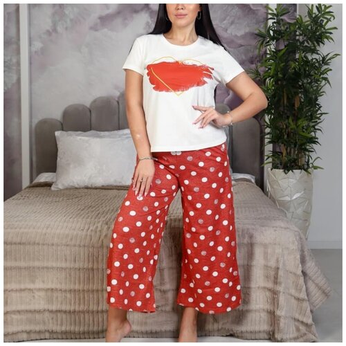 фото Комплект женский домашний для сна и отдыха кулирка 100% хлопок футболка с принтом, брюки в горох 42 размер ооо "адина текс"