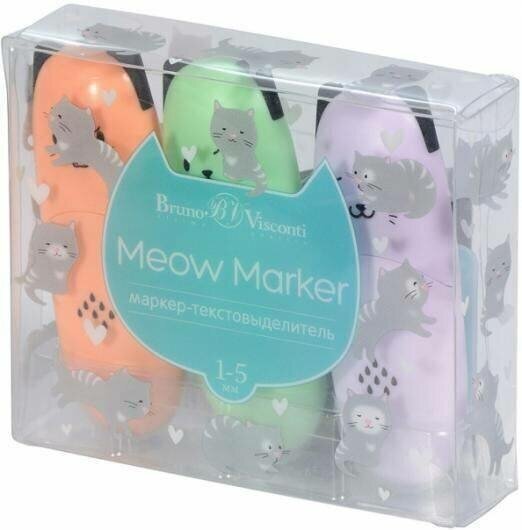 Набор текстовыделителей Meow Marker, 3 штуки, пастельный мятный, оранжевый, сиреневый Bruno Visconti - фото №7