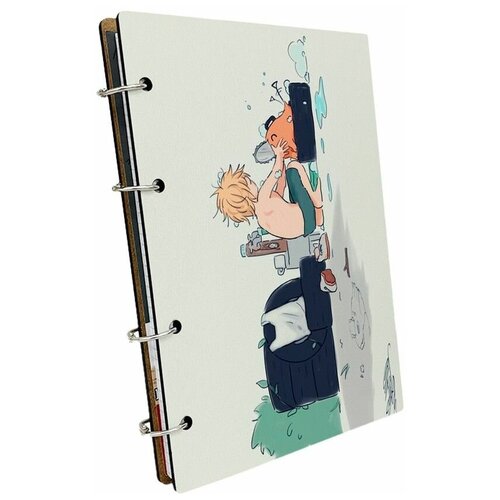 Тетрадь со сменными блоками на кольцах, A5 120 листов с деревянной обложкой аниме человек бензопила - 16