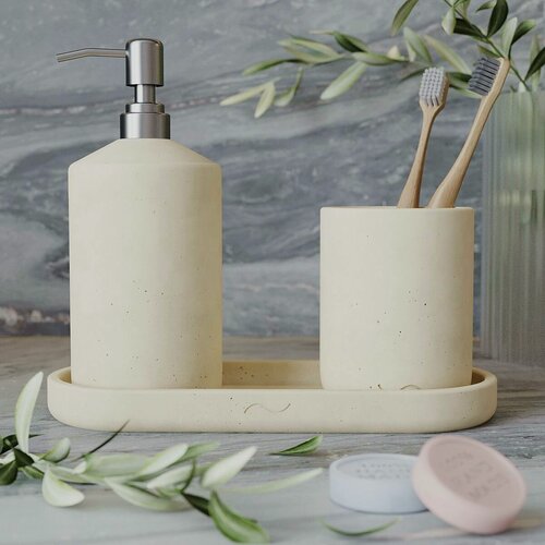 Изображение товара Набор для ванной комнаты Astrid 02 (стакан для щеток, дозатор для мыла, поднос декоративный), бетон, кремовый матовый