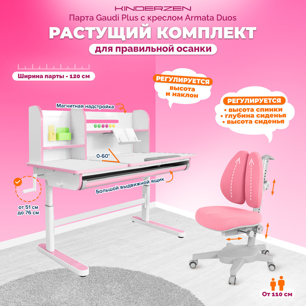 Комплект Kinderzen парта + кресло, цвет белый/розовый c розовым креслом