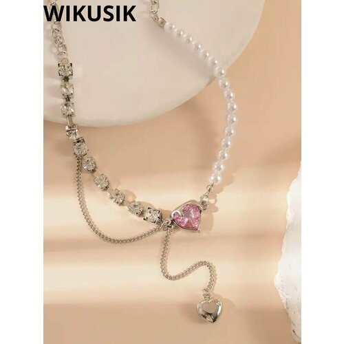 Колье жемчуг с сердцем, длина 51 см, серебряный