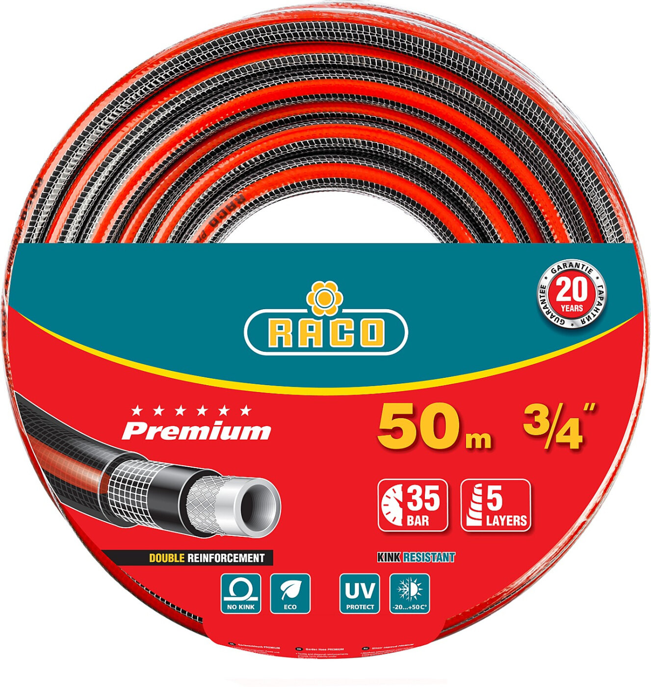 RACO PREMIUM, 3/4″, 50 м, 35 атм, пятислойный, усиленный двумя слоями армирования, поливочный шланг (40300-3/4-50)