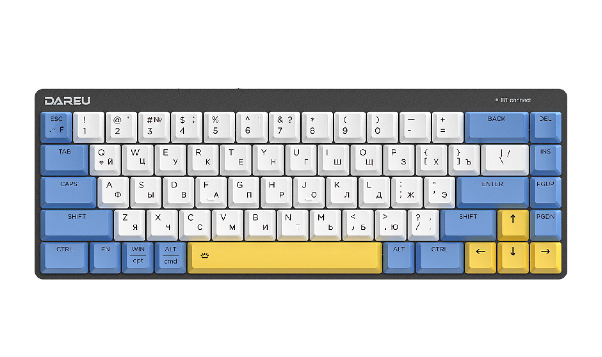 Клавиатура беспроводная Dareu EK868 белый/синий/желтый, свитчи: ультратонкие Kailh-Dareu Red (linear)