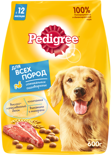 Сухой корм для взрослых собак всех пород PEDIGREE полнорационный, с говядиной 600г