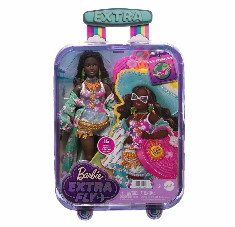 Кукла Barbie Beach, дополнительная накидка Barbie Extra Fly, шляпа и тропический чехол с большой сумкой HBP14