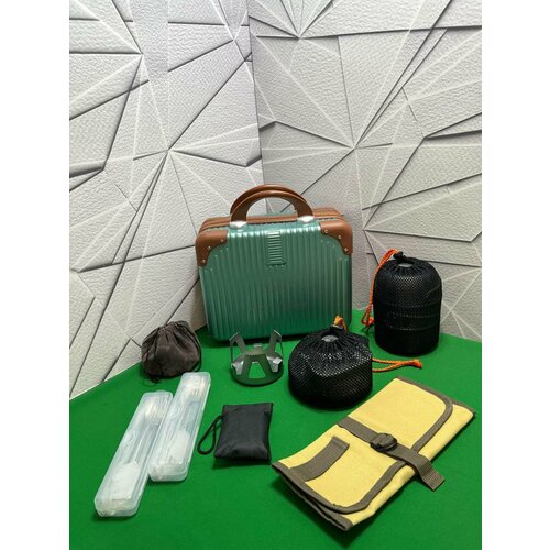 Походный туристический набор для кемпинга из алюминия с дорожной ручной сумкой, Зеленый/Коричневый дорожный туристический набор столовых приборов в чехле 3 в 1 вилка ложка нож