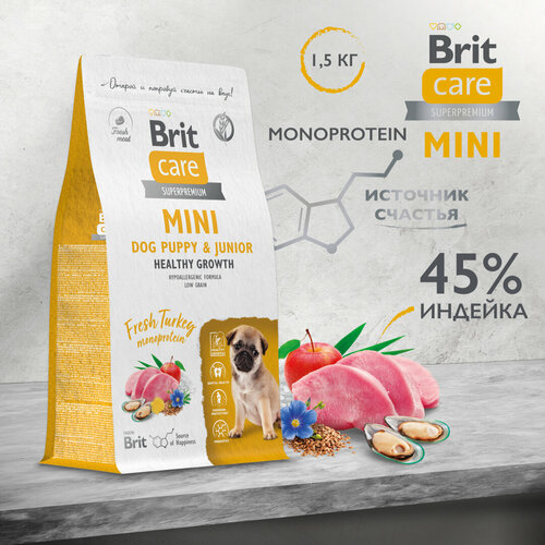 BRIT CARE Mini, Сухой корм с инд. для щ. и мол. соб. мин. п,Puppy&Junior. Healthy Growth,1.5кг probiotic live puppy mini breeds turkey