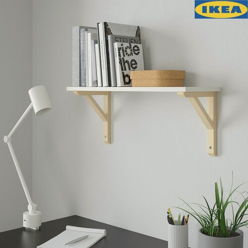 Изображение товара IKEA полка настенная BURHULT/SANDSHULT, 59х20х23.5 см, полка -1 шт. кронштейн массив осины акриловый лак 2 шт, полка прямая на стену белая