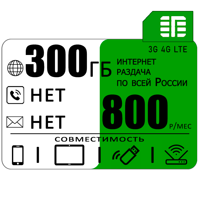 Сим карта c интернетом и раздачей по России 300ГБ за 650р/мес