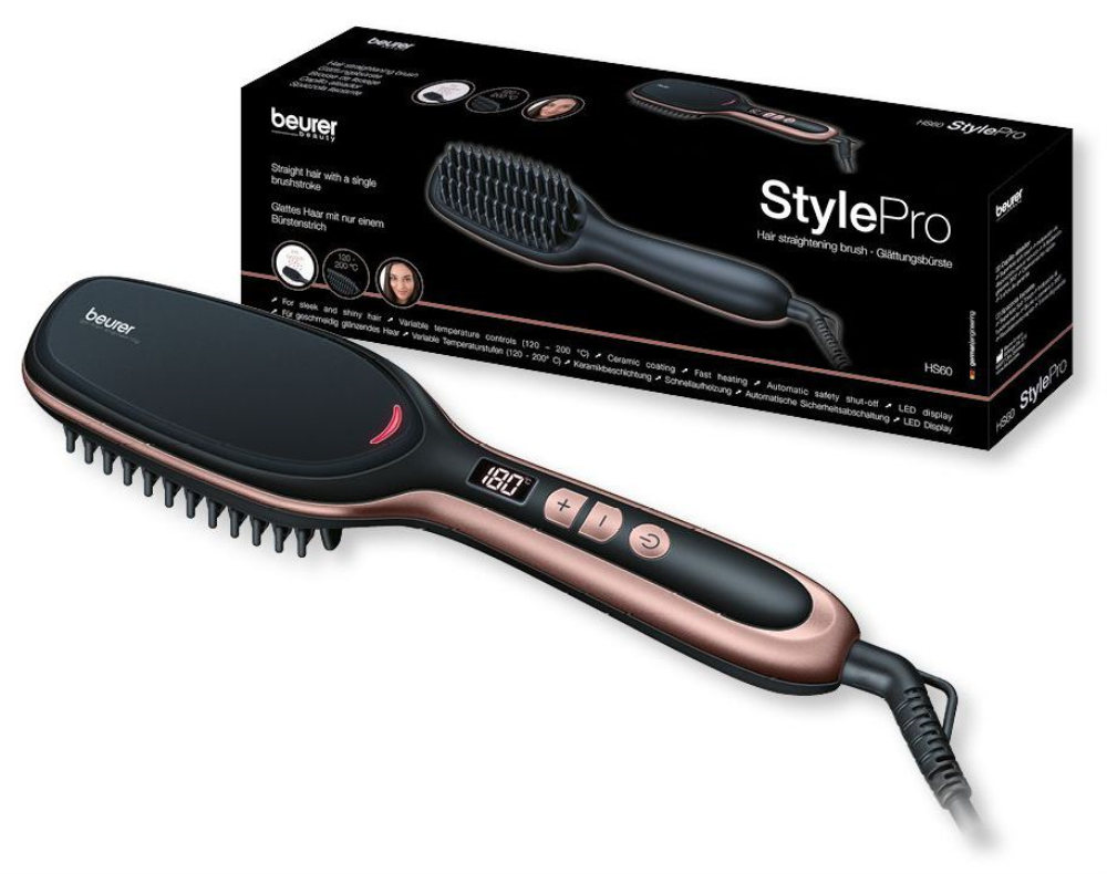 Расческа-выпрямитель для волос Beurer HS 60, ионизация, 45Вт, чёрный/золотой — фото 1