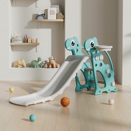 Изображение товара Горка детская для дома и улицы Pituso Зубастик, игровой комплекс 2 в 1 с баскетбольным кольцом, цвет зеленый