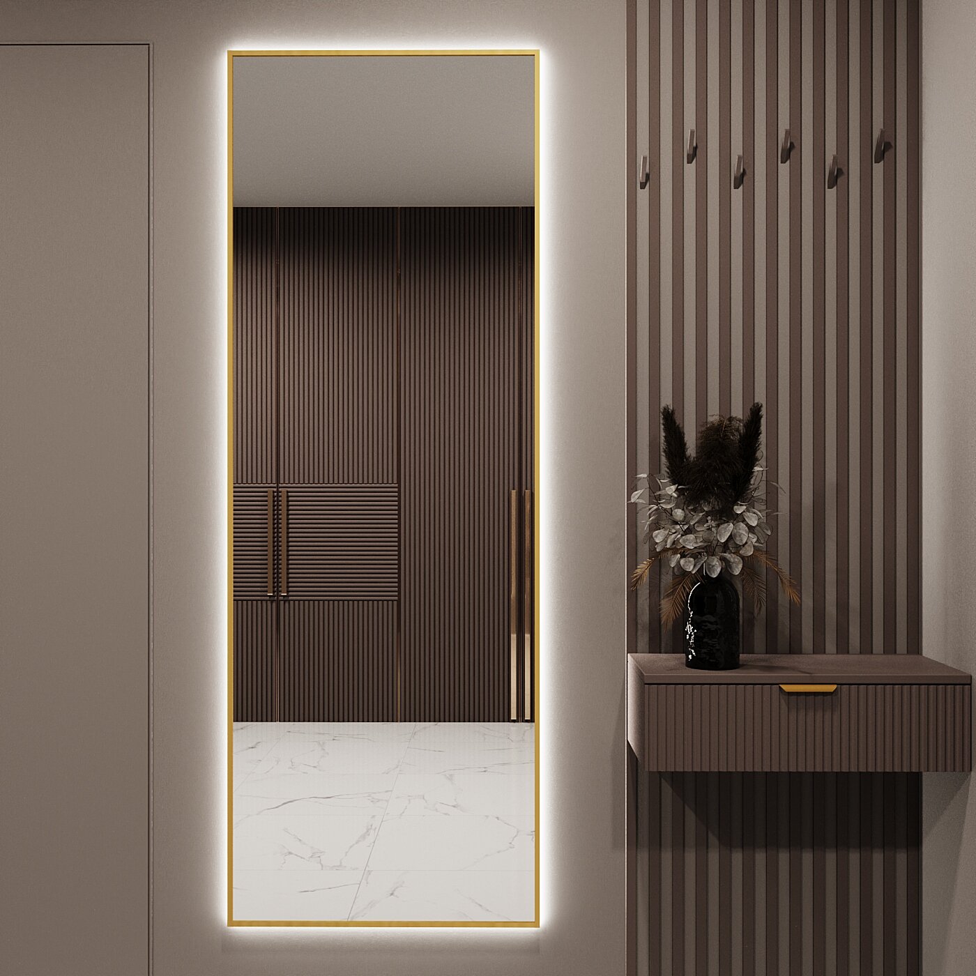 Зеркало с подсветкой в алюминиевой раме настенное Market-house 170х60 см. Свет: Нейтральный белый 6000К. Золото