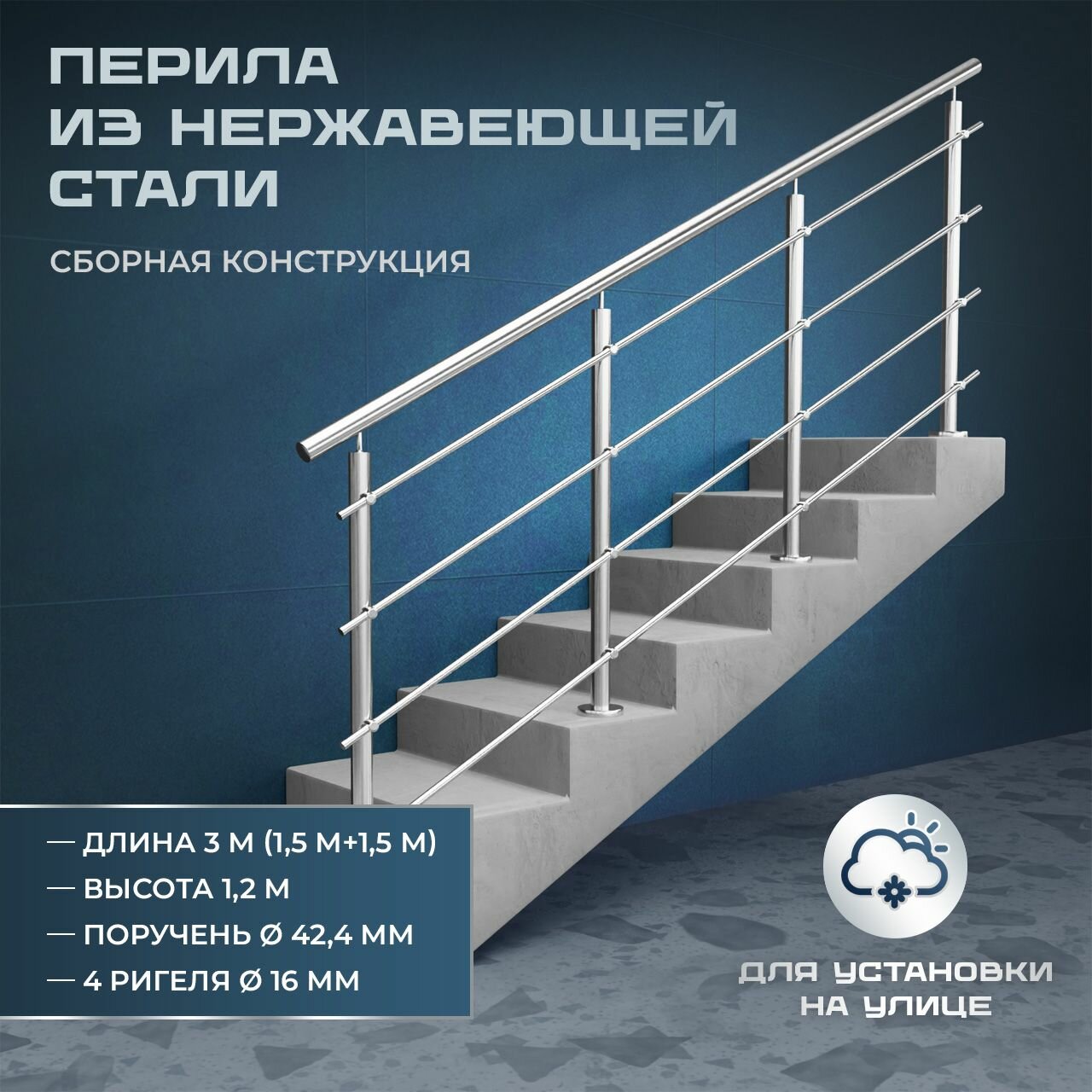 Перила для лестниц. Для установки на улице из нержавеющей стали 3 метра