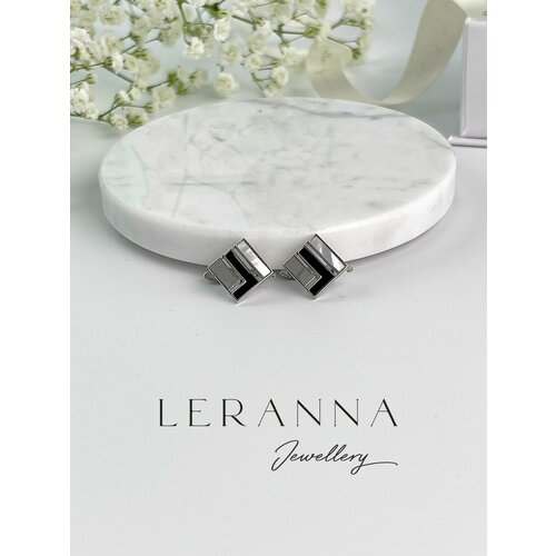 Серьги LERANNA, эмаль, перламутр, размер 15 мм, серебристый/черный