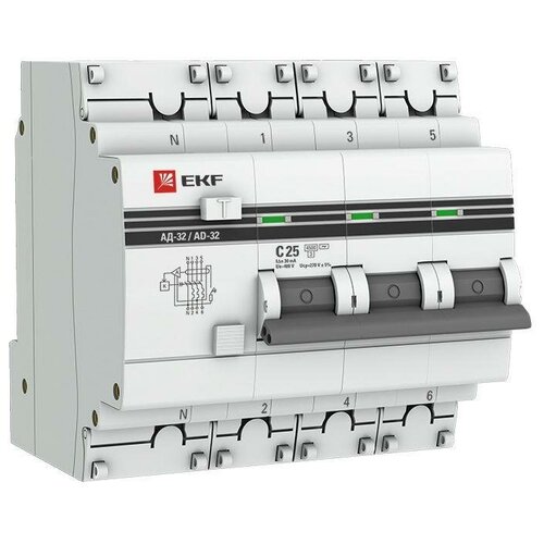 Автоматический выключатель дифференциального тока АД-32 3P+N 25А (С) 30мА тип (АС) эл. 4,5кА EKF PROxima выключатель дифференциального тока ekf basic ад 12 1p n 16а 30ма тип ас х ка c эл 4 5ка