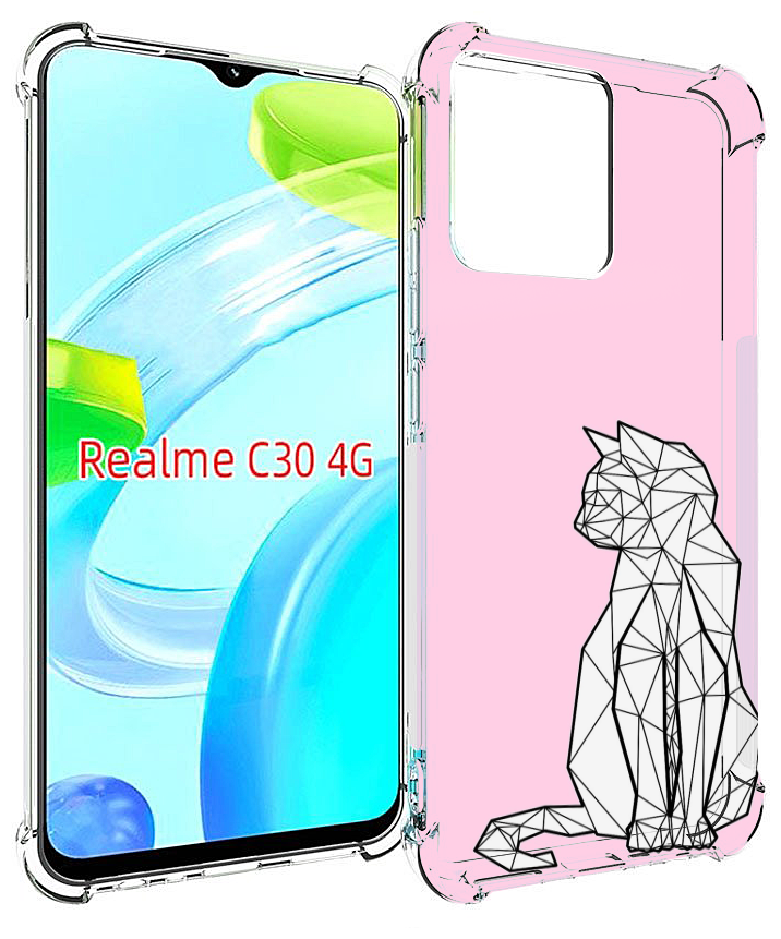 Чехол MyPads белый котик с гранями для Realme C30 4G / Narzo 50i Prime задняя-панель-накладка-бампер