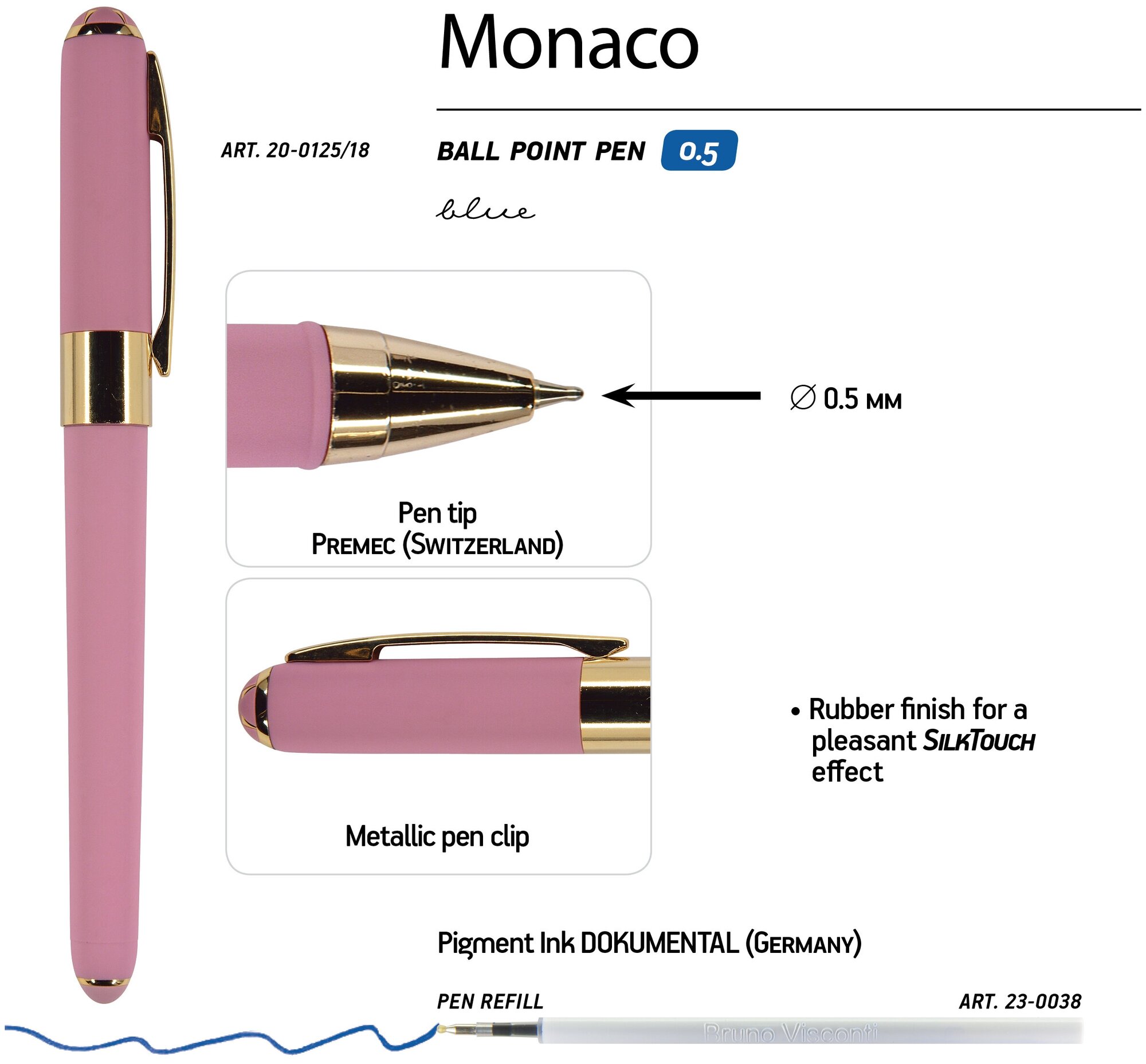 Ручка "MONACO" шариковая 0.5 ММ, синяя (розовый корпус)