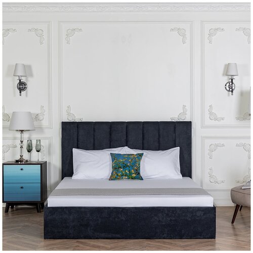 Кровать двуспальная с подъемным механизмом и ящиком для белья 160х200 темно-синяя Вега