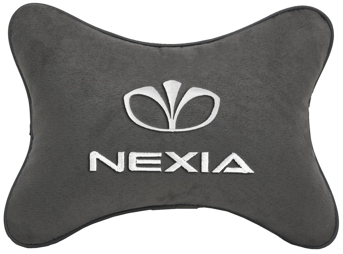 Автомобильная подушка на подголовник алькантара D.Grey с логотипом автомобиля DAEWOO Nexia