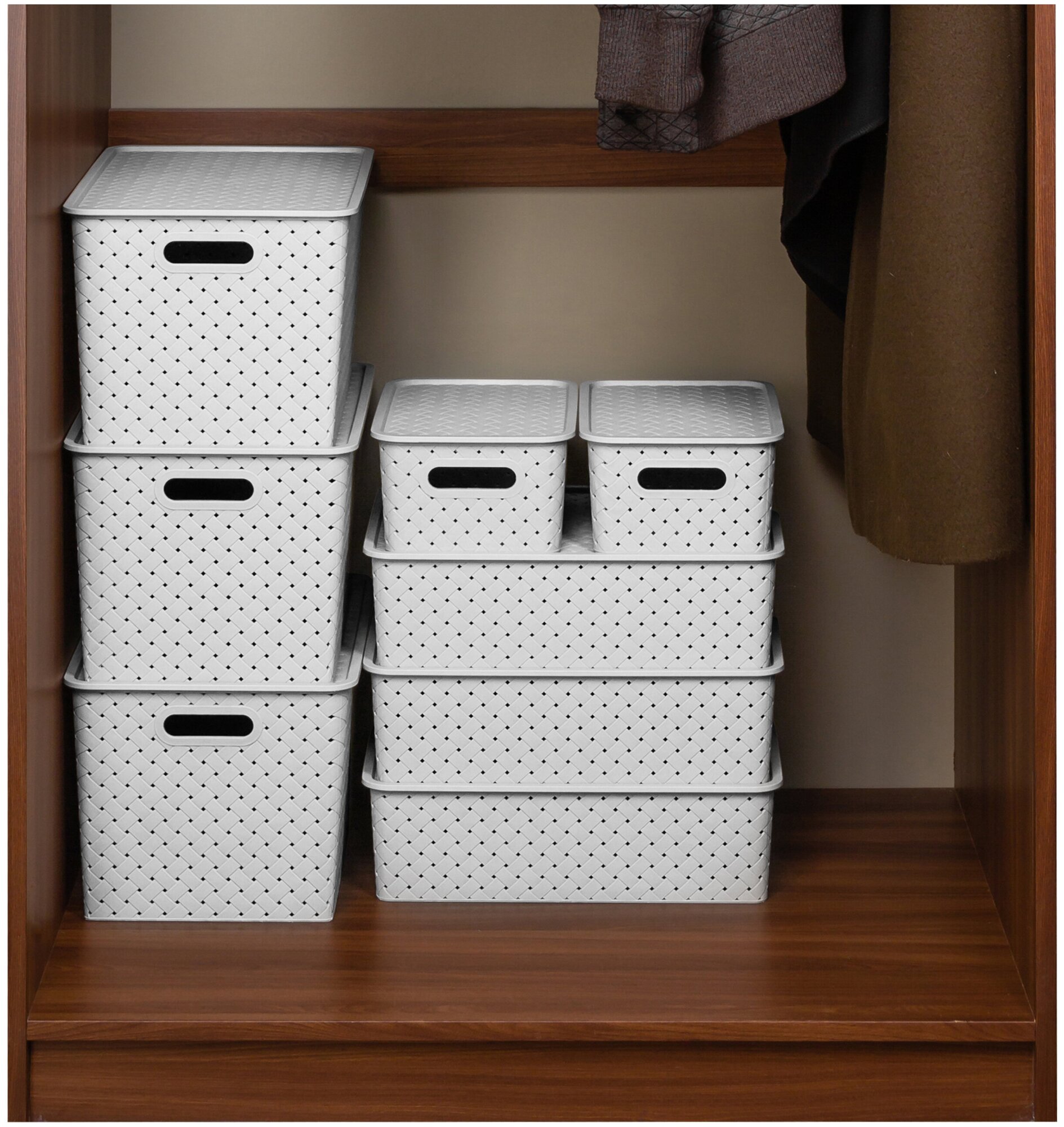 Корзинка / коробка для хранения с крышкой 5 шт Береста 3 л (2шт), 7,5 л (2 шт), 14 л EL Casa, цвет черный и белый, набор - фотография № 8
