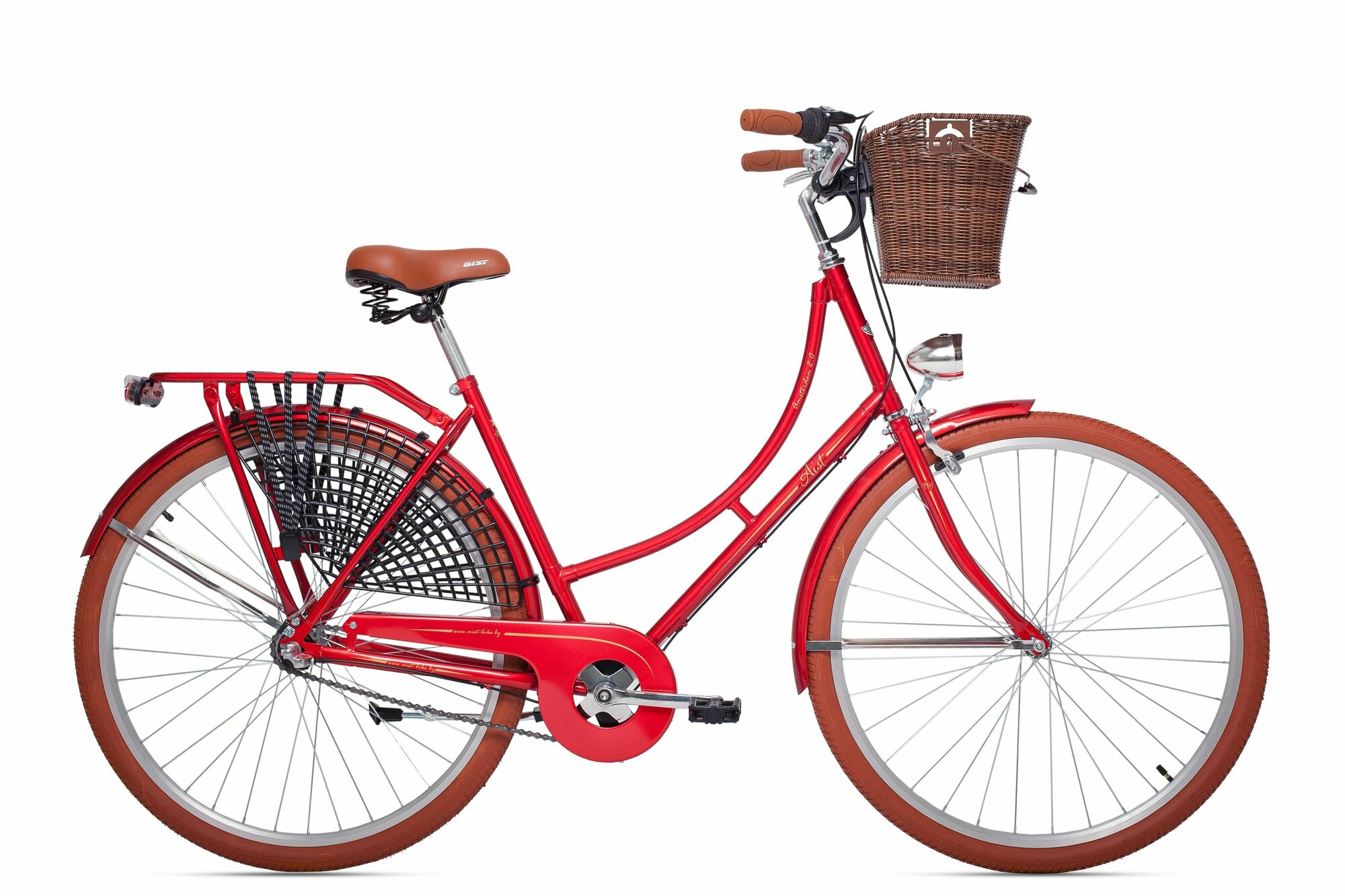 Велосипед Amsterdam Aist 28" красный с коричневыми колесами, с сеткой от попадания платья