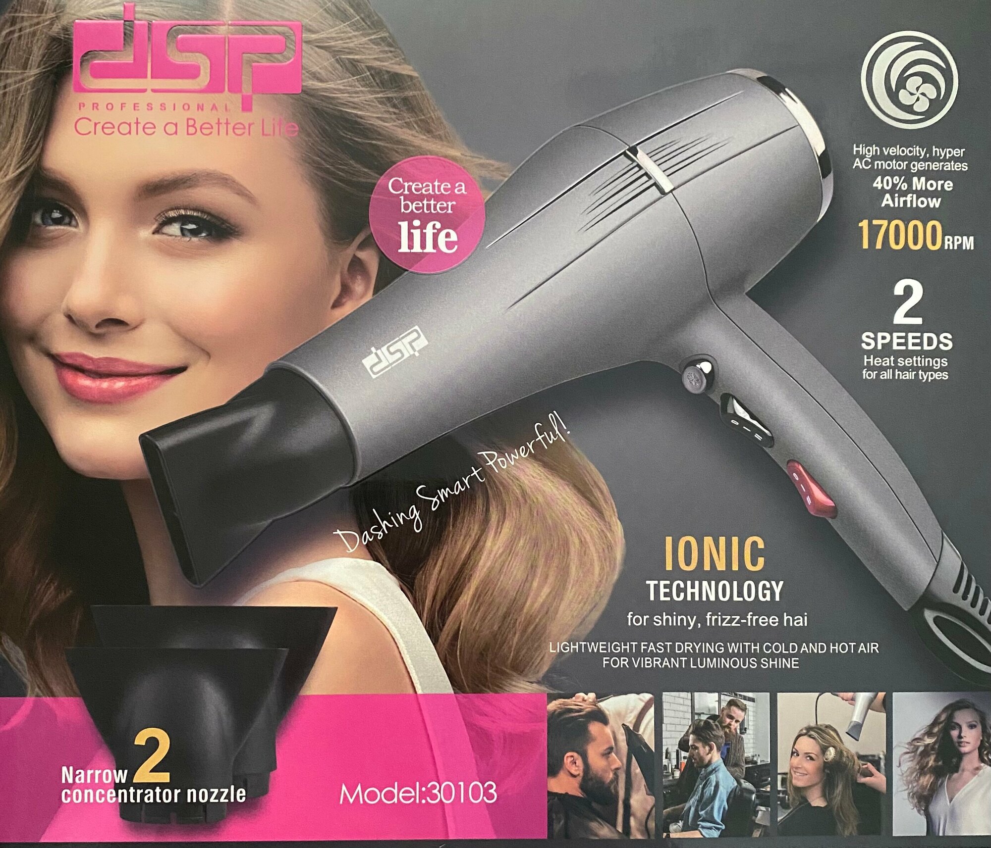 Супермощный профессиональный фен для волос с насадками с диффузором DSP 30103 1600w - фотография № 3