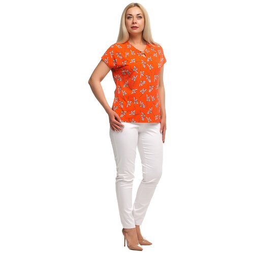 Блуза  Olsi, повседневный стиль, полуприлегающий силуэт, короткий рукав, флористический принт, размер 64, оранжевый