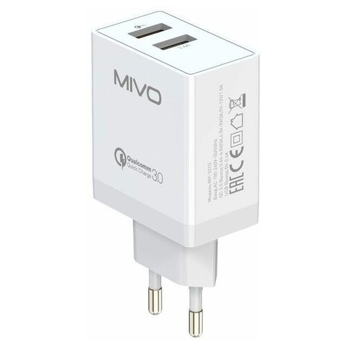 фото Сетевой адаптер - блок питания mivo mp-321q для зарядки телефона, смартфона, quick charge 3.0, 2xusb