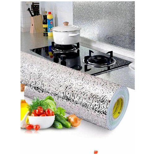 Алюминиевая самоклеящаяся защитная плёнка фольга для кухни ширина 60 см, рулон 3 м, серебристая