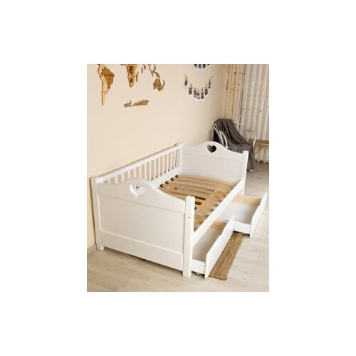Кровать детская Радость (с матрасом Неженка 2, с ящиками, с бортиком, для детской, белая, деревянная), 160х80 см