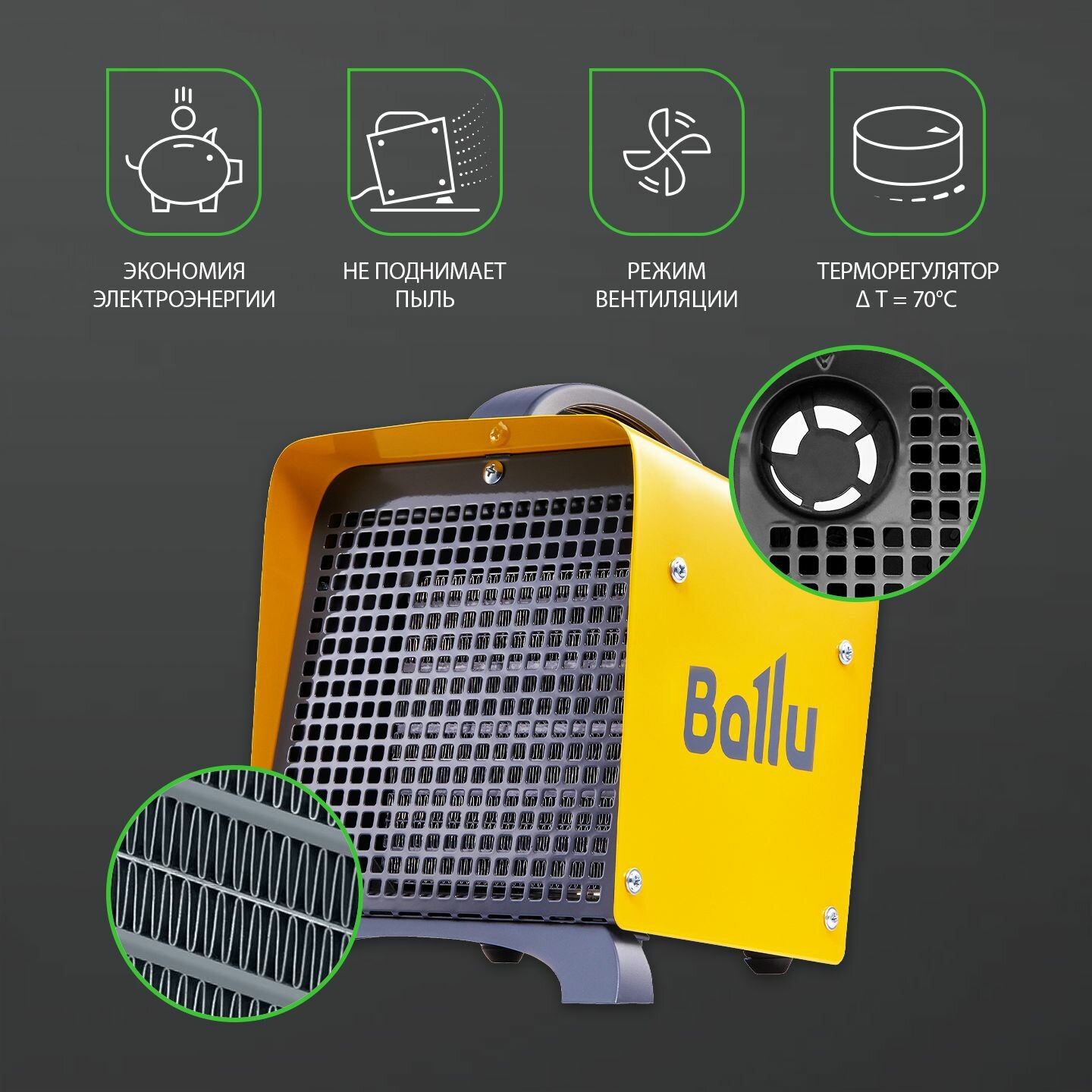 Пушка тепловая электрическая Ballu BKS-5, 3кВт, до 35 кв м, желтый — фото 1