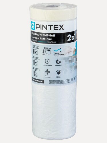 Изображение товара Плёнка Pintex basic укрывная с малярной лентой 2 в1, 7мкм 3,0 х 20 м, 60 м2