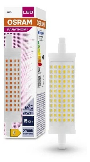 Лампочка светодиодная Osram 19W=150W 220V R7s 118мм Линейная Двухцокольная прозрачная PARATHOM 2452Лм 2700K, упаковка 1шт