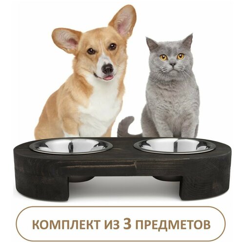Миска для кошек и собак на подставке. Набор мисок для животных с деревянной подставкой, овал, цвет темно-коричневый
