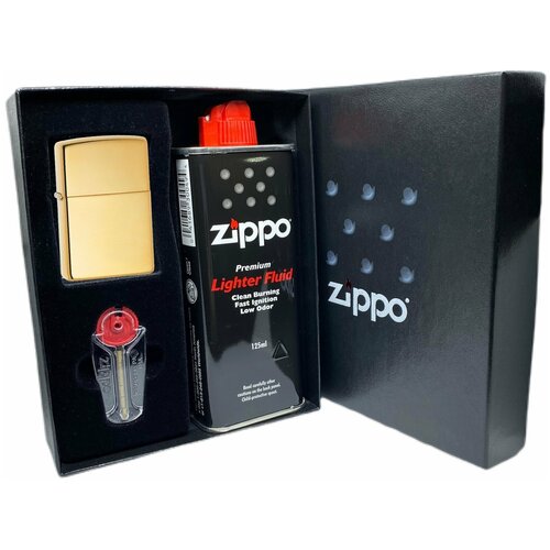 Подарочный набор ZIPPO ( Зажигалка ZIPPO 254B Classic, золотистая, с покрытием High Polish Brass + кремни + топливо, 125 мл )