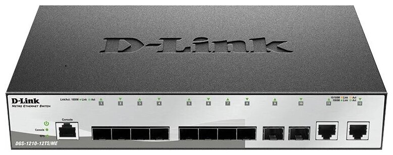 Коммутатор D-Link (DGS-1210-12TS/ME/B1A) Управляемый L2, 10 ports 1000Base-X SFP, 2 ports 10/100/1000Base-T