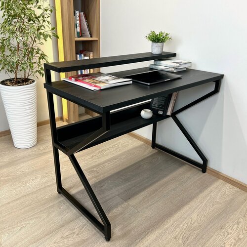 Изображение товара Компьютерный стол REX 111х60х75 (черный) LOFT, игровой стол с дополнительными полками