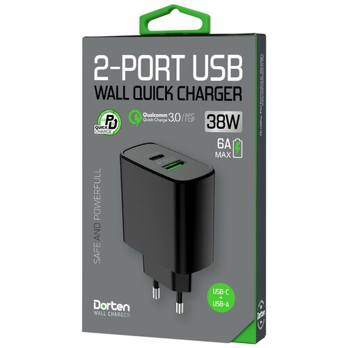 фото Сетевое зарядное usb устройство dorten 2-port usb 38w wall quick charger pd3.0+qc3.0 черный