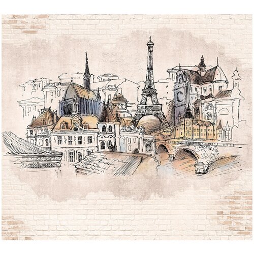 фото Фотообои париж рисунок на кирпичной стене/ красивые уютные обои на стену в интерьер комнаты/ 3д расширяющие пространство/ на кухню в спальню детскую зал гостиную прихожую/ размер 300х270см/ флизелиновые топ фотообои