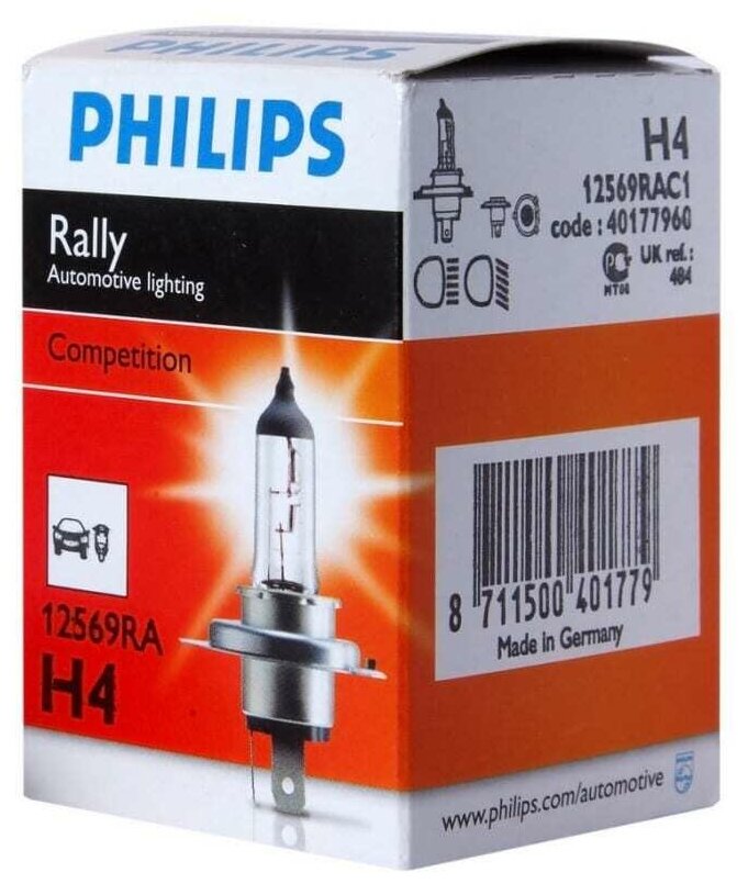 Лампа галогенная PHILIPS RALLY 12V H4 100/90W 12569RAC1