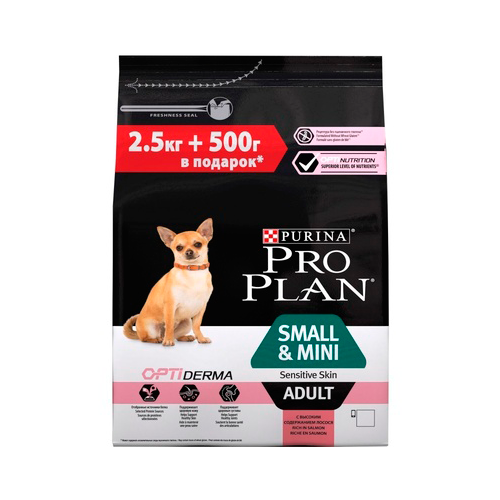 PRO PLAN Adult Small&Mini Sensitive Skin корм для взрослых собак мелких и карликовых пород с чувствительной кожей, с лососем 2,5+0,5кг