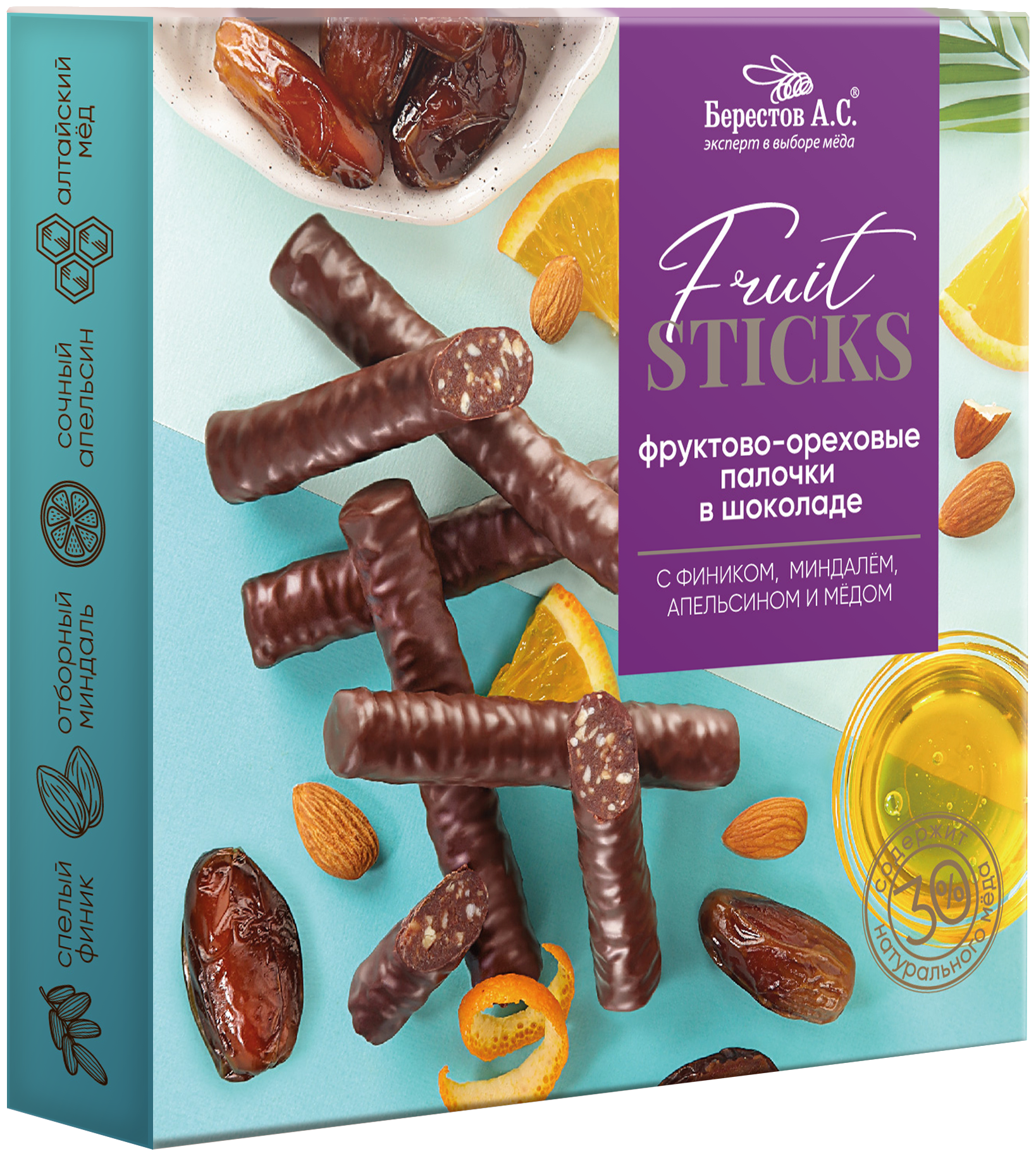 Конфеты Берестов А.С. Fruit Sticks с фиником, апельсином и миндалем, 175 г - фото №1