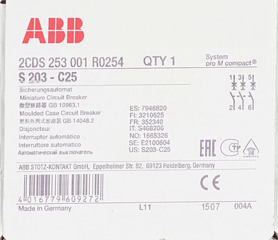 S203 C25 Автоматический выключатель 3-полюсный, 25А, 6кА (хар-ка C) ABB, 2CDS253001R0254