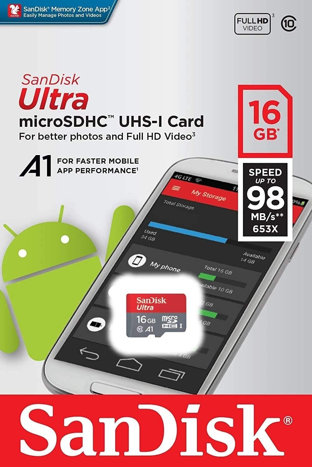 Micro SD 16GB SanDisk microSDHC Class 10 Ultra UHS-I A1 100MB/s SDSQUAR-016G-GN6MN