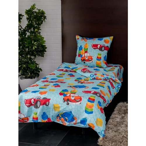 Детское постельное белье Веселые машинки 1,5 спальный, поплин, наволочка 70х70, рис 1742/1