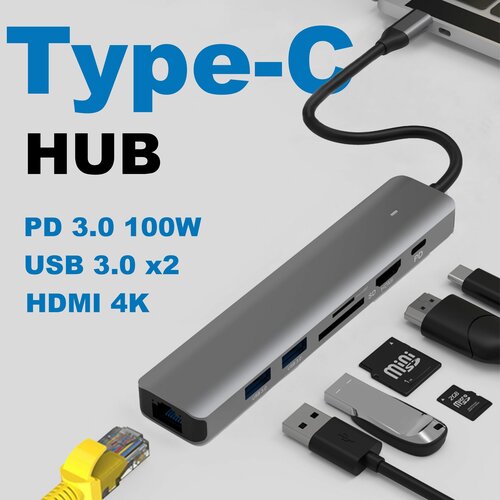 USB hub концентратор Док-станция USB-C Card reader для ноутбука ПК телефона macbook компьютера Разветвитель портов Хаб type-c PD30 100W ethernet HDTV SDTF LAN HDMI USB 30x2 1355₽