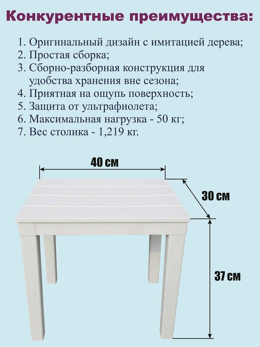 Столик садовый пластиковый для шезлонга квадратный белый - фотография № 5