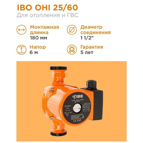 Циркуляционный насос IBO OHI 25-60/180 (93 Вт) циркуляционный насос ibo ipml 25 125 125 вт